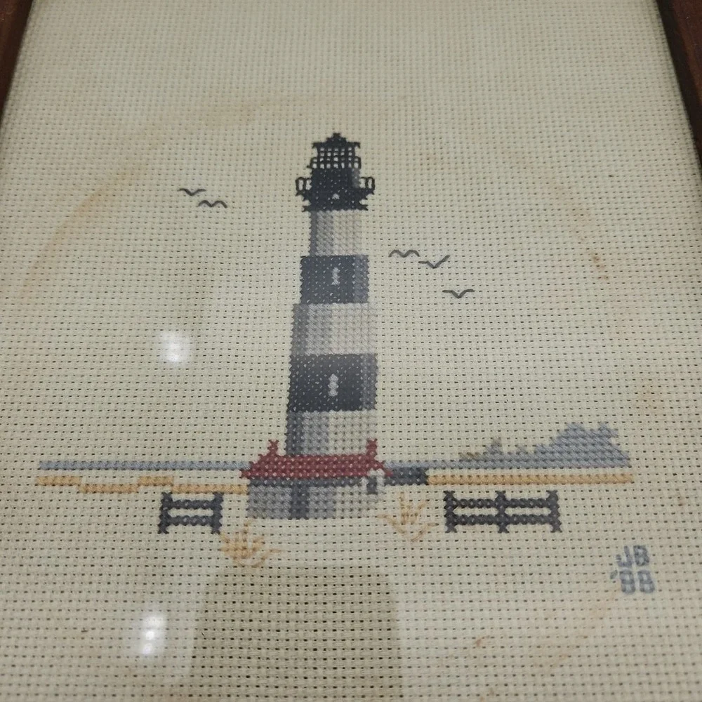 Vintage Lighthouse‎ Cross Stitch Framed Pictures Handmade 80s Set Of 2